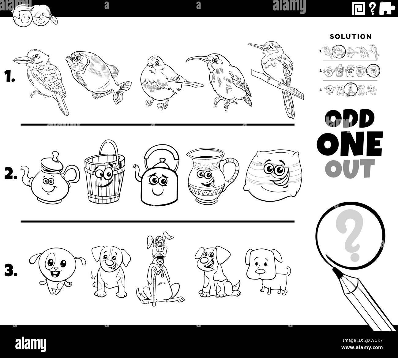 Black and white cartoon illustration of odd one out picture in a row educational activity for children with comic animal characters and objects colori Stock Vector