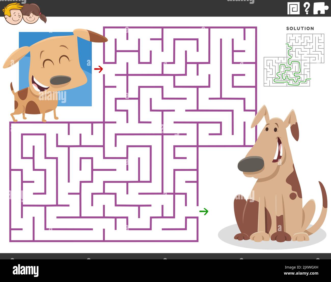 https://c8.alamy.com/comp/2JXWGXH/cartoon-illustration-of-educational-maze-puzzle-for-children-with-adult-dog-and-little-puppy-2JXWGXH.jpg