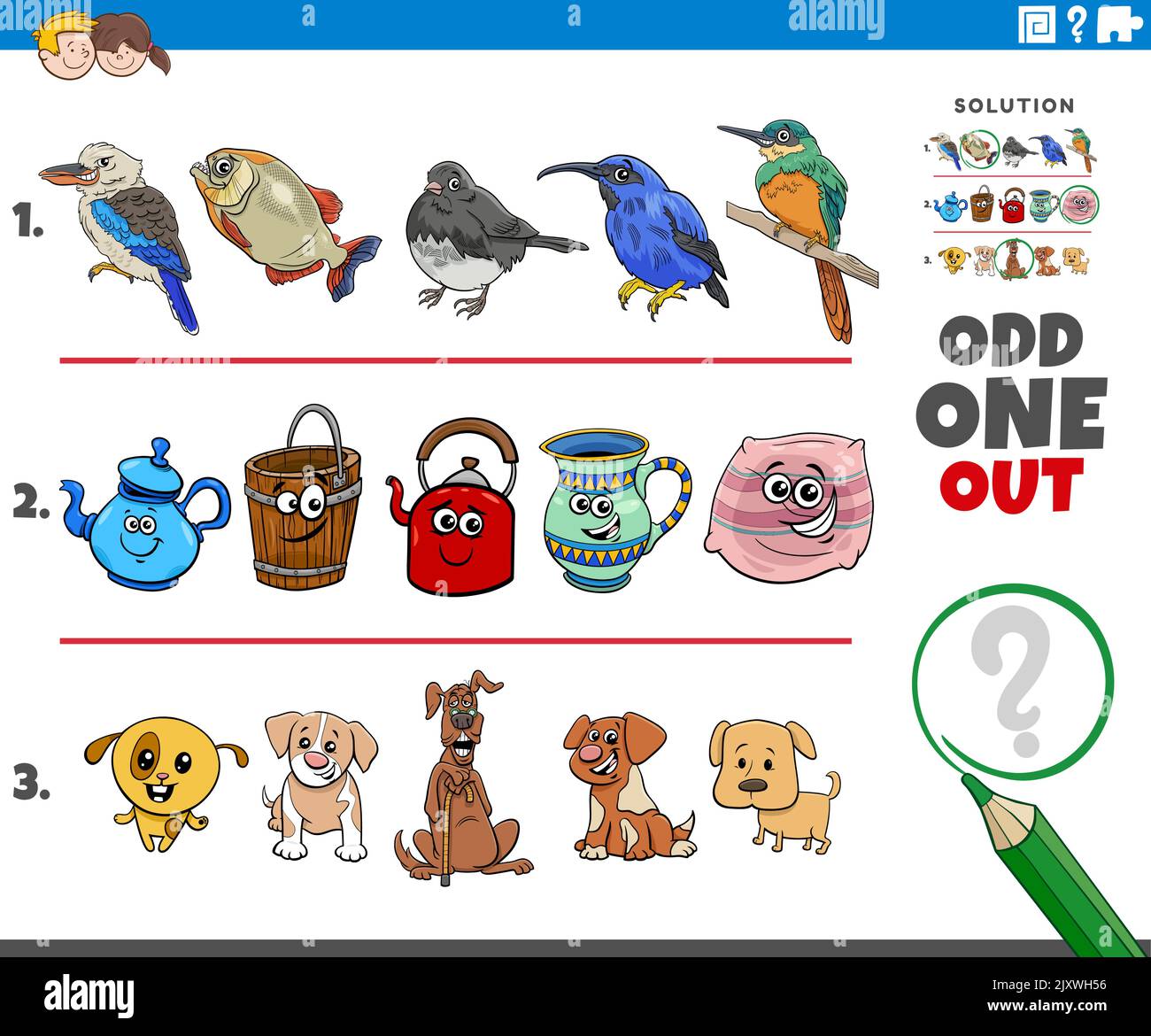 Cartoon illustration of odd one out picture in a row educational activity for children with comic animal characters and objects Stock Vector