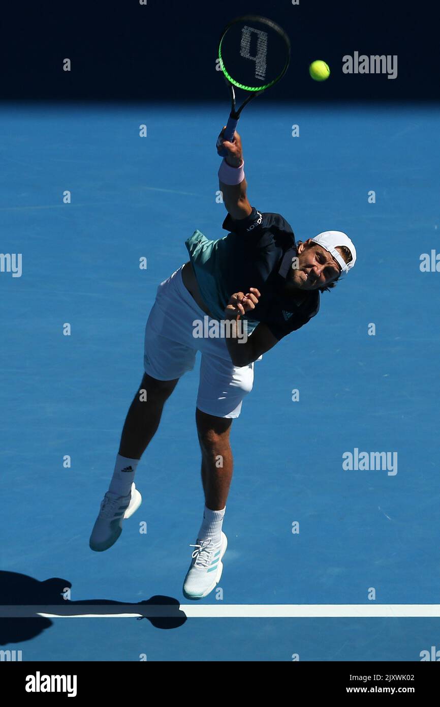 Lucas Pouille of France in action against Milos Raonic of Canada during the  men's singles quarter final match on day ten of the Australian Open tennis  tournament in Melbourne, Wednesday, January 23,