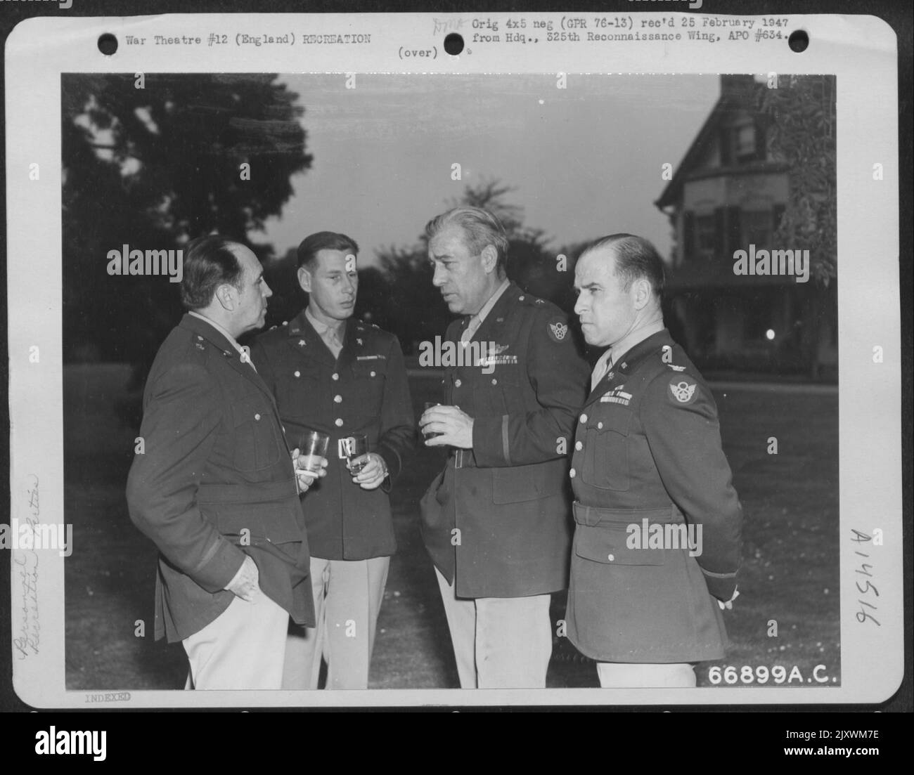 The Guest List At A Party Given By Gen. James H. Doolittle In 1944 At Viii Bomber Command Headquarters, England, Included Brig. Gen. Arthur W. Vanaman (Left) And Brig. General Orvil A. Anderson (Right, Center). The Other Two Officers Are Unidentified. Stock Photo