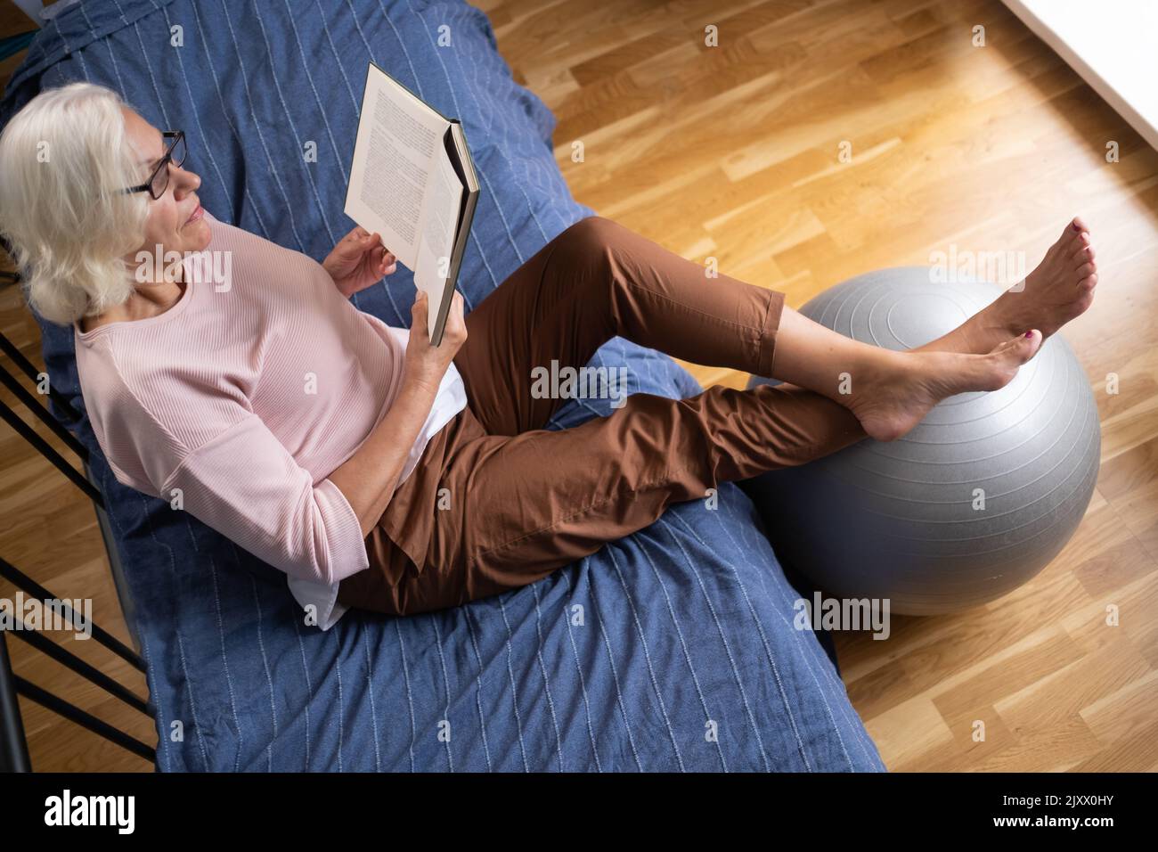 Old caucasian lady sit down on the sofa reading a book. indoor leisure activity at home Stock Photo