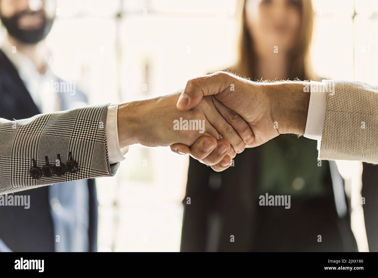 Crop shot of two hands shaking celebrating a business agreement - people blurred in the background - business lifestyle concept Stock Photo
