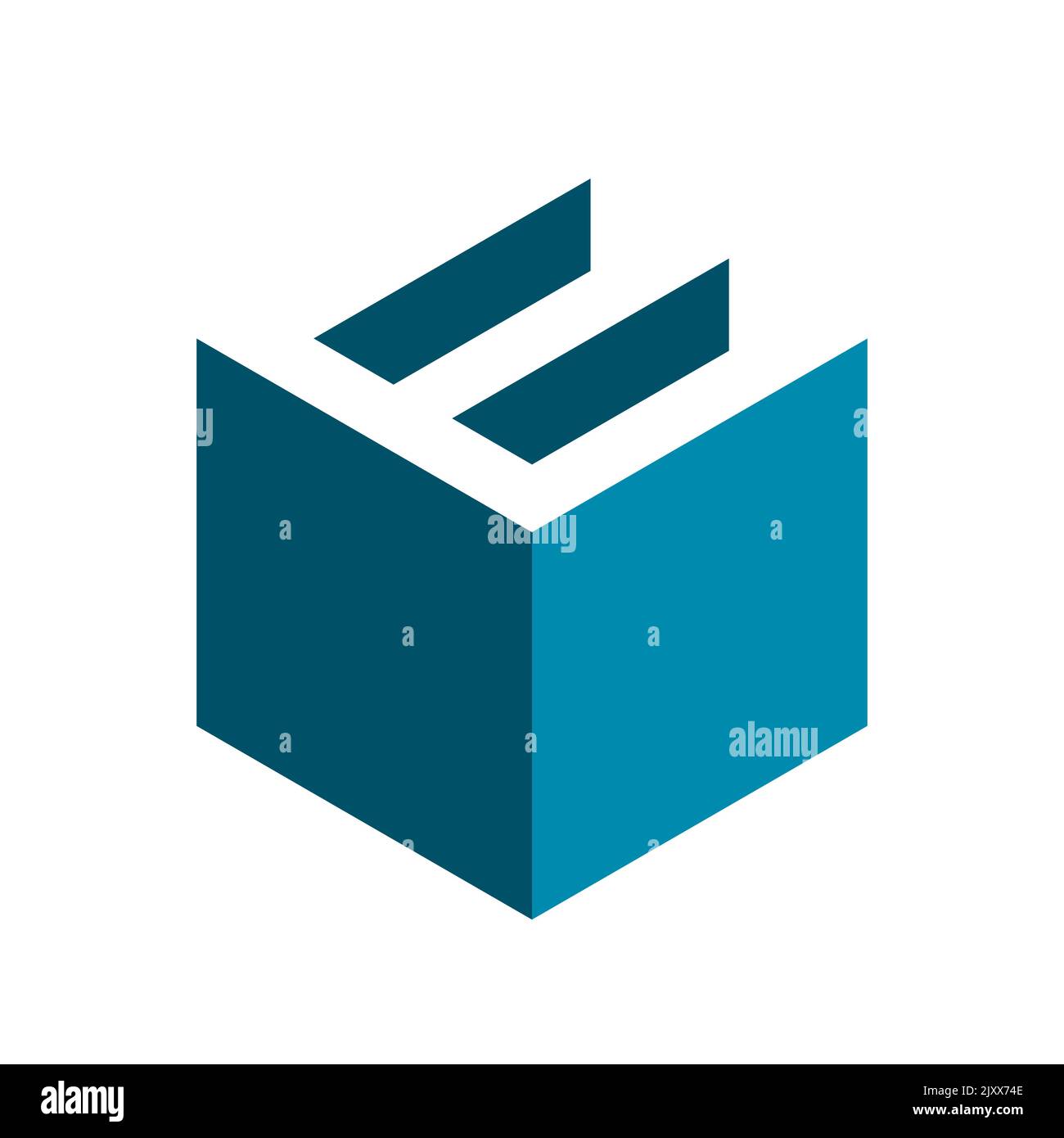 Letter E cube logo. 3D isometric block shape with long shadow effect. Blue box with white letter E on top. Electronic industry symbol. Vector Stock Vector
