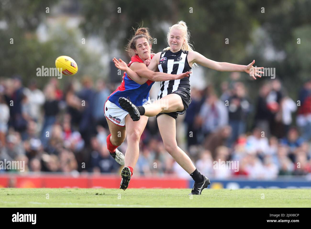 Lauren Butler kicks for Collingwood during the Round 2 AFLW match between  Collingwood and Melbourne at Victoria Park in Melbourne, Saturday, February  9, 2019. (AAP Image/David Crosling Stock Photo - Alamy