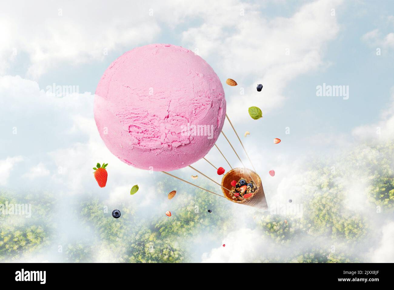Eating a fruity dessert on a hot day is a heavenly feeling with a scoop of strawberry ice cream carrying a waffle cone on a wonderful adventure surrou Stock Photo