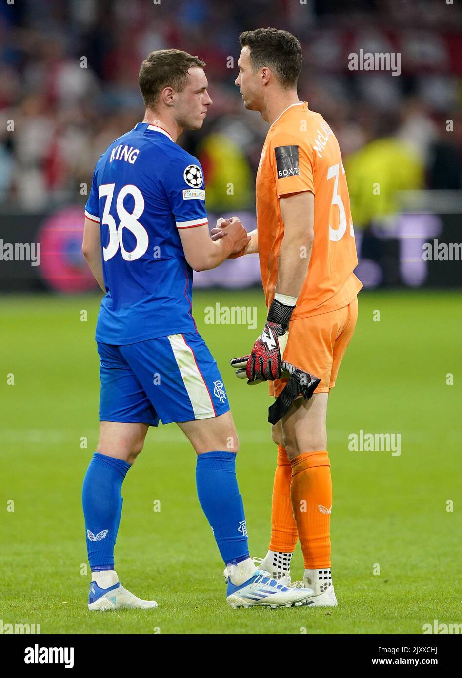 Rangers goalkeeper Jon McLaughlin and Leon King reacts at full time after the UEFA Champions League Group F match at the Johan Cruyff Arena in Amsterdam, Netherlands. Picture date: Wednesday September 7, 2022. Stock Photo