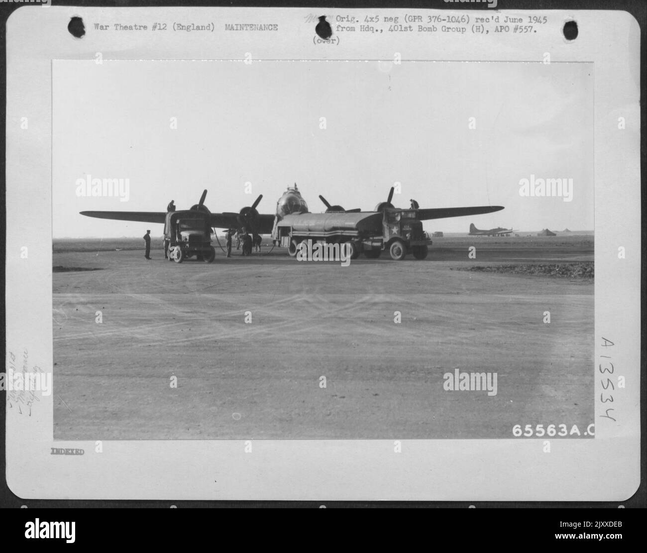 Hundreds Of Gallons Of High Octane Gas Are Loaded Into The Fuel Tanks Of A Boeing B-17 'Flying Fortress' Of The 401St Bomb Group In Preparation For Bombing Mission On Enemy Installations At Oranienburg, Germany. 10 March 1944, England. Stock Photo
