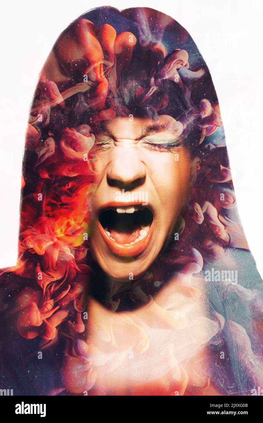 anger portrait mind explosion fire screaming woman Stock Photo
