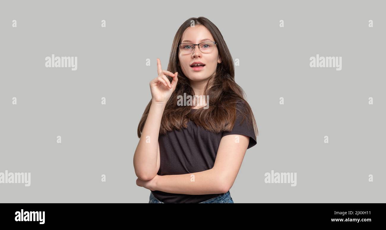 inspired woman portrait smart idea enthusiastic Stock Photo