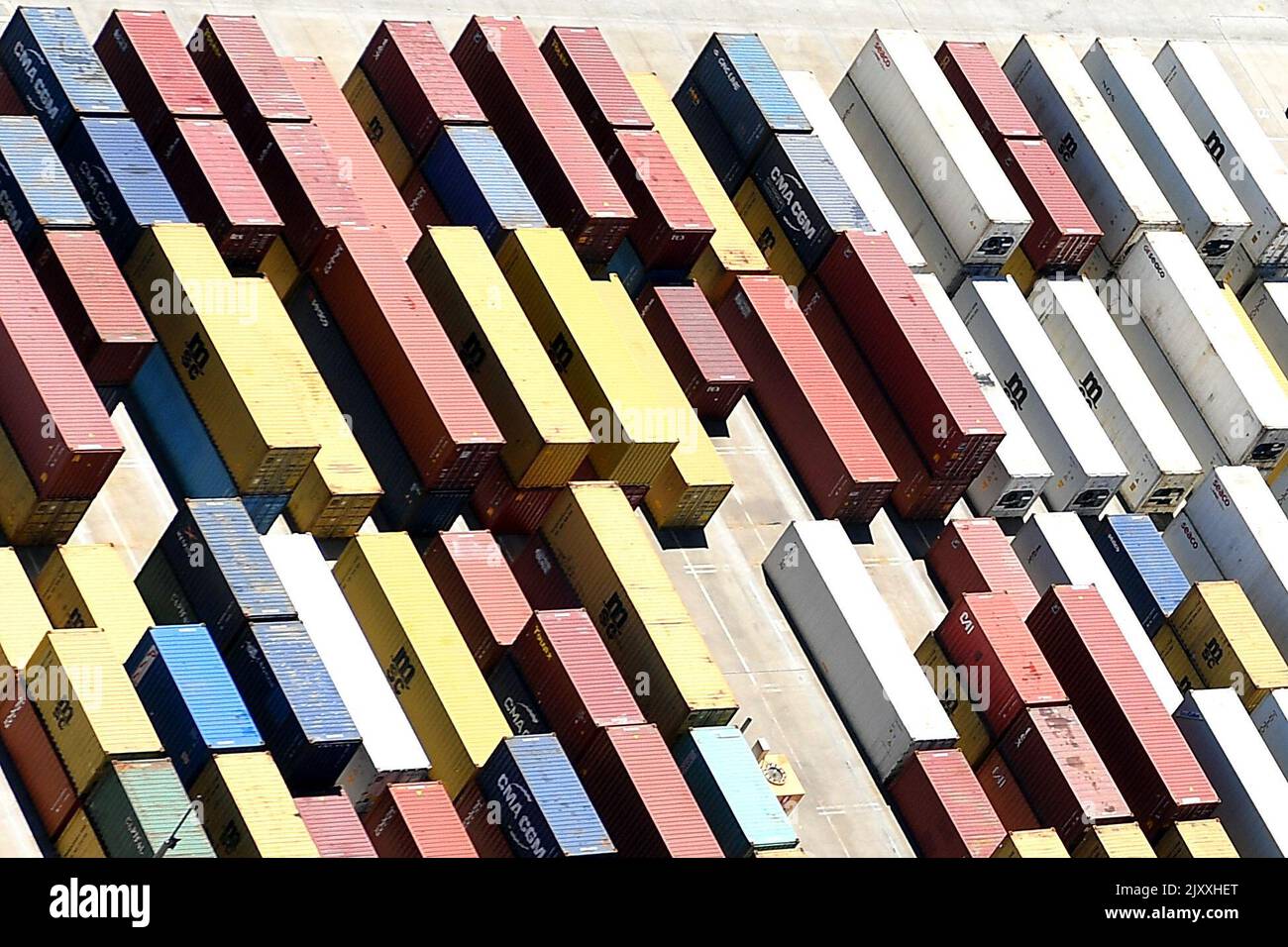 An aerial image shows the shipping containers at Port Botany located in the New South Wales city