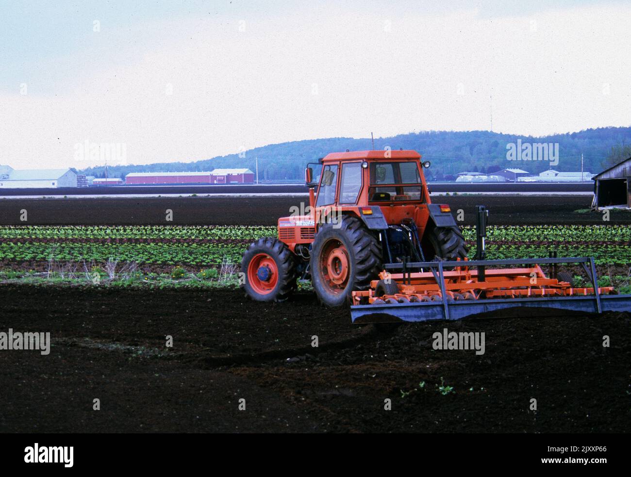 Red tractor on farm field Stock Photo