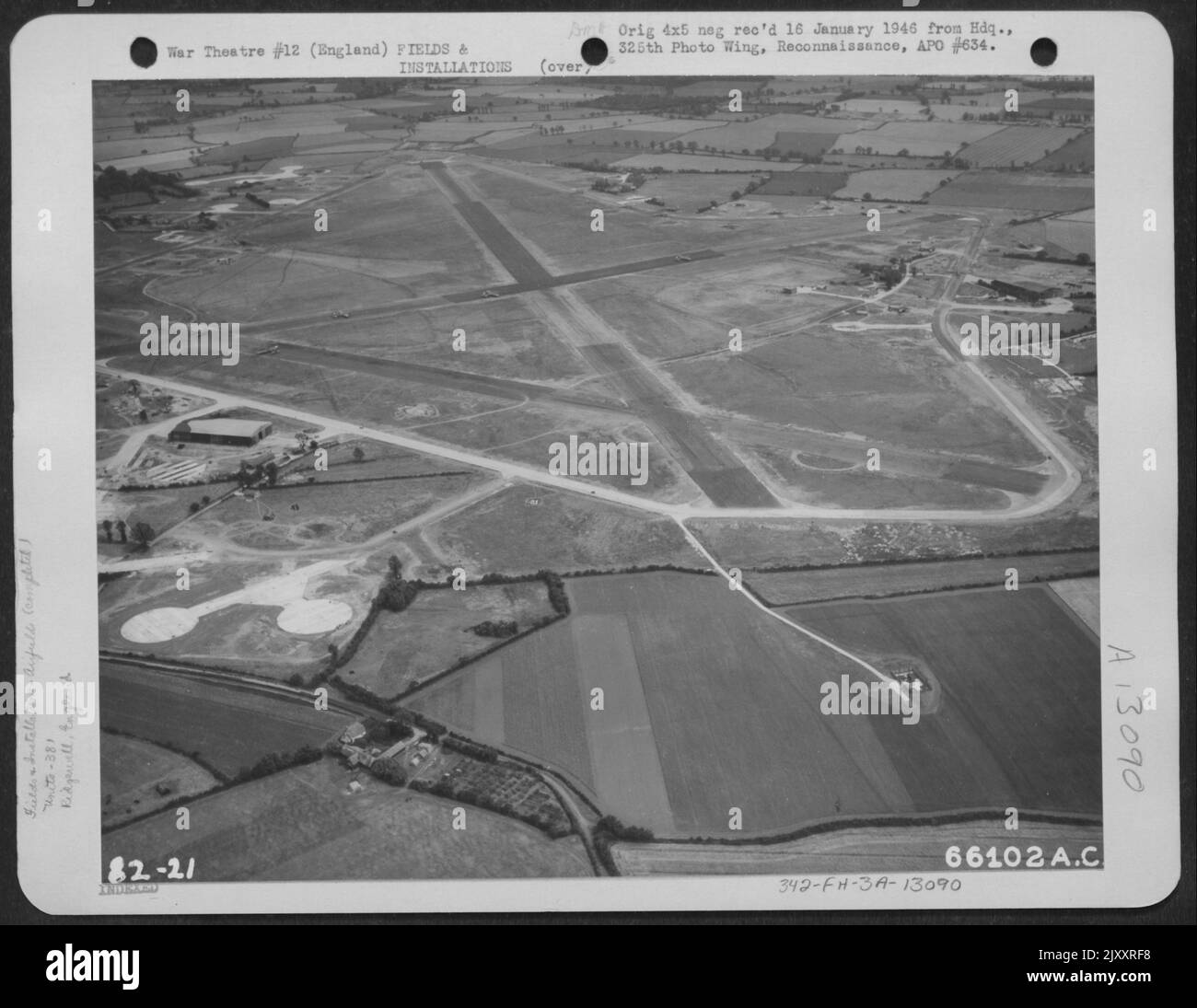Aerial View Of The 8Th Air Force Station 167 Facing Southeast, Showing Radio Shack In Foreground And Control Tower In Right Center. 381St Bomb Group - Ridgewell, Essex County, England. Stock Photo
