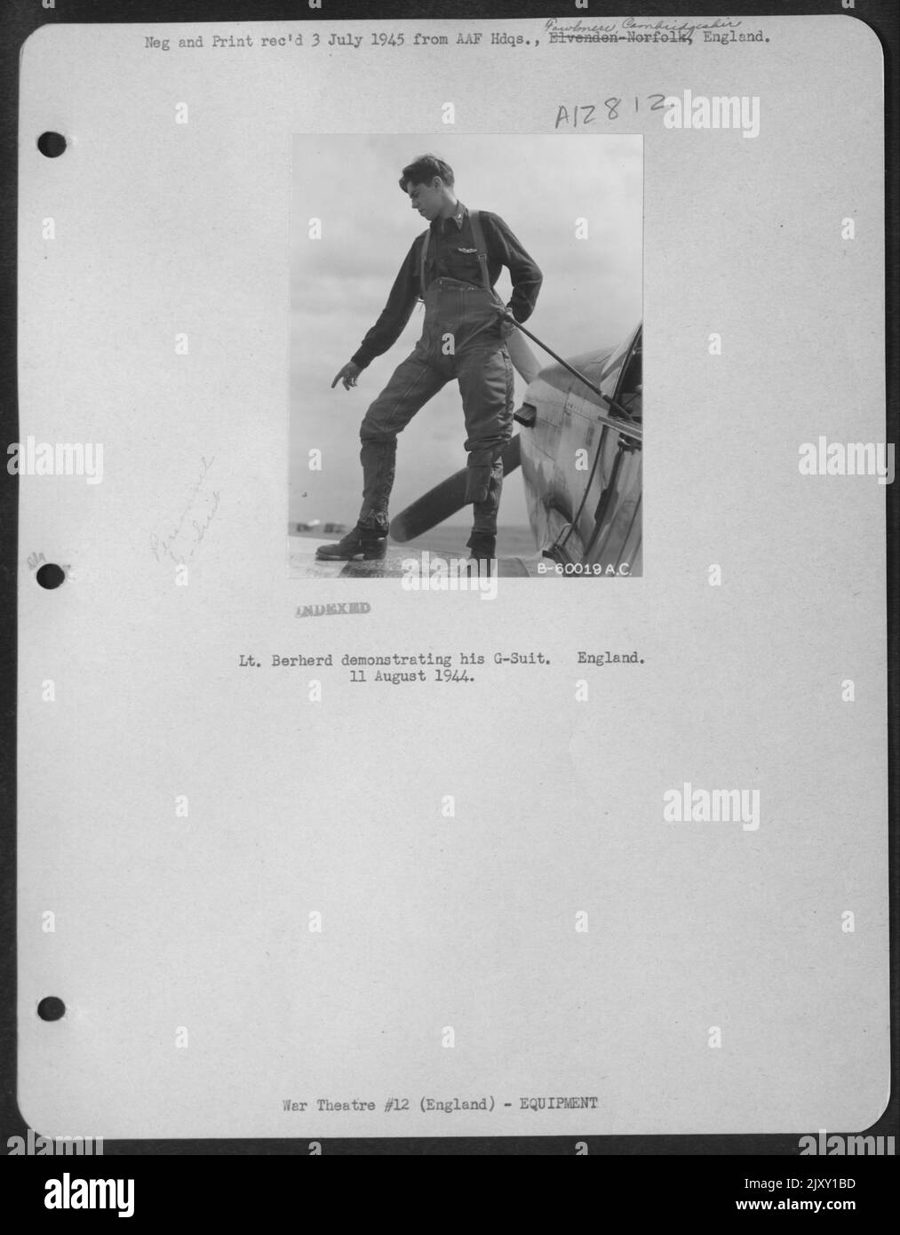 Lt. Berherd Demonstrating His G-Suit. England. 11 August 1944. Stock Photo