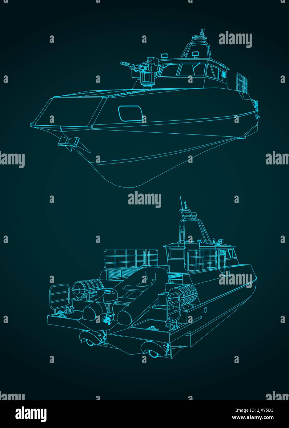 Stylized vector illustrations of drawings of high speed patrol boat Stock Vector