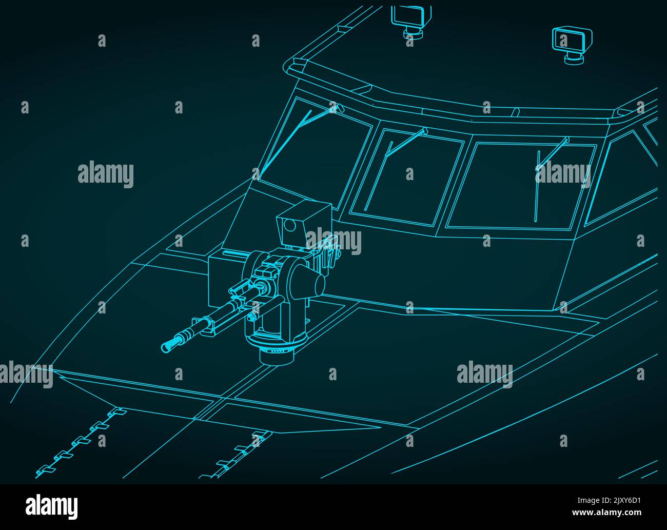 Stylized vector illustrations of drawings of high speed patrol boat close up Stock Vector