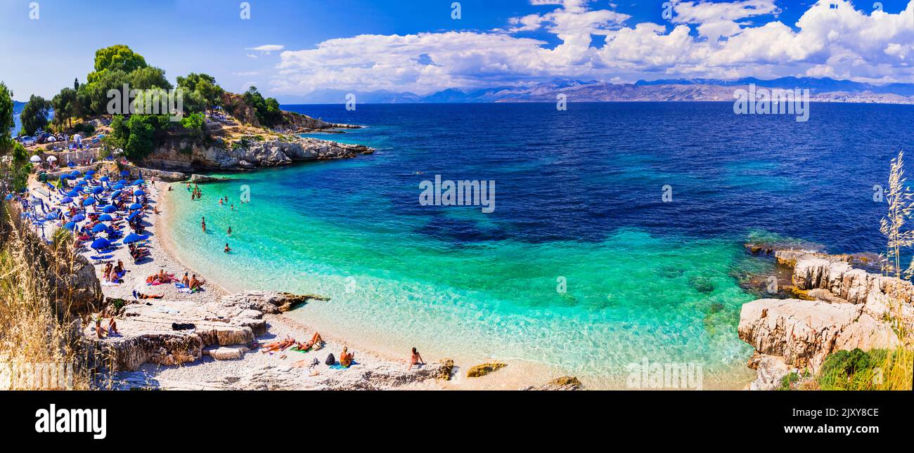 Greece. Best beaches of Corfu island . panoramic  view of  charming Bataria beach near Kassiopi village Stock Photo