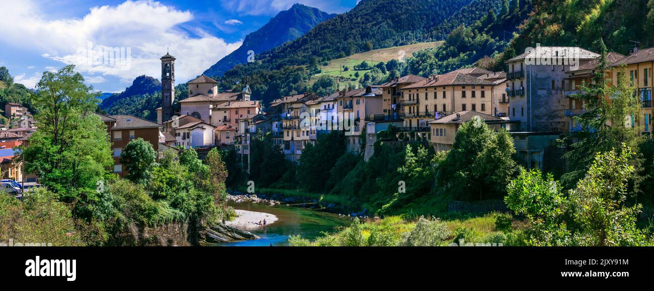 Italy's most beautiful villages - San Giovanni Bianco situated on river Brembo and surrounded by Alps mountains,  Bergamo province Stock Photo