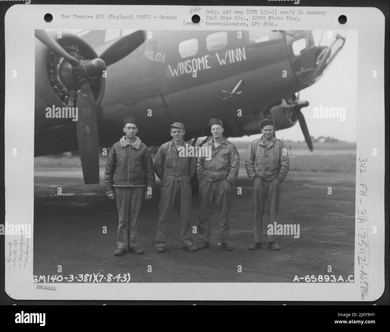 M/Sgt. Corey And Crew Of The 381St Bomb Group, Beside The Boeing B-17 'Flying Fortress' 'Winsome Winn' At 8Th Air Force Base 167, England. 7 August 1943. Stock Photo