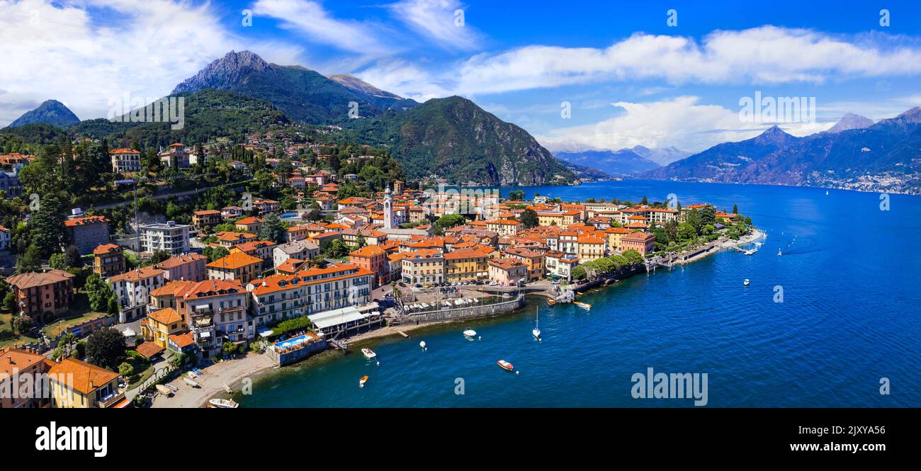 Stynning idyllic lake scenery, amazing Lago di Como. Aerial view of beautiful Menaggio town. Italy, Lombardia Stock Photo