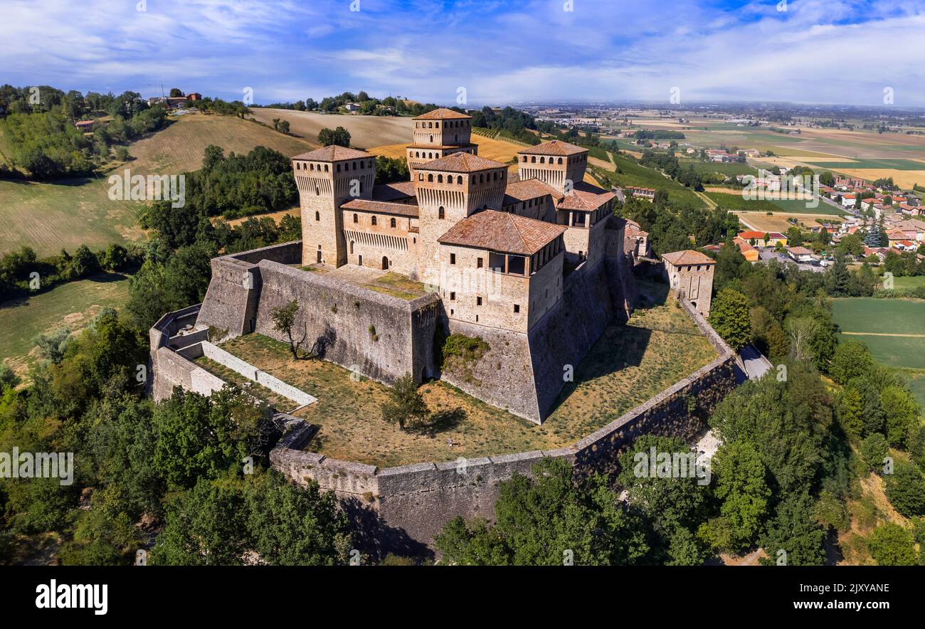 One of the most famous and beautiful medieval castles of Italy -  historic Torrechiara in Emilia Romagna, Aerial view Stock Photo