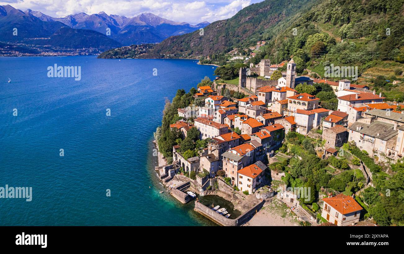 Stynning idyllic lake scenery, amazing Lago di Como. Aerial view of beautiful medieval village Dervio. Italy travel Stock Photo