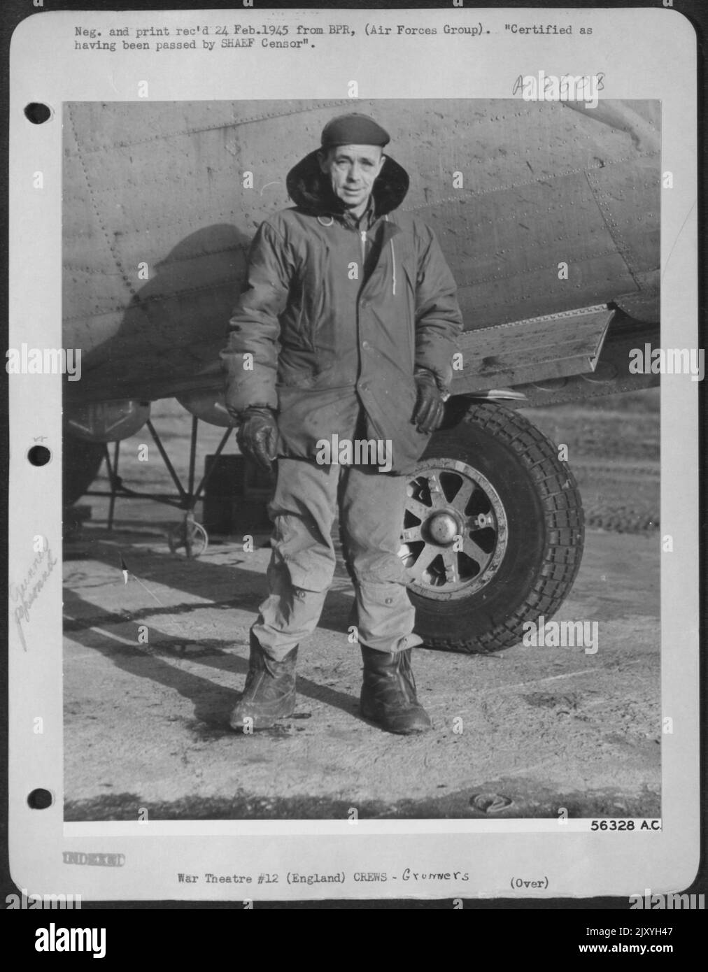At 46, Sgt. Wills N. Gardner, of Eire, Pa., is the oldest air gunner on combat duty with the 458th Bomb Group of the U.S. 8th AF 2nd Air Div. Sgt. Gardner served 16 months in France in the last war and saw action with the 56th Artillery during the Stock Photo
