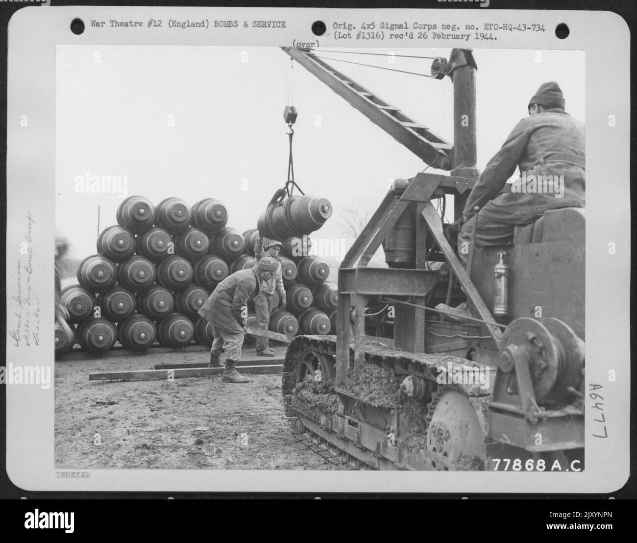 U.S. Bombs Being Piled Up Sharnbrook, England Prior To Being Camouflaged. 22 January 1943. Stock Photo