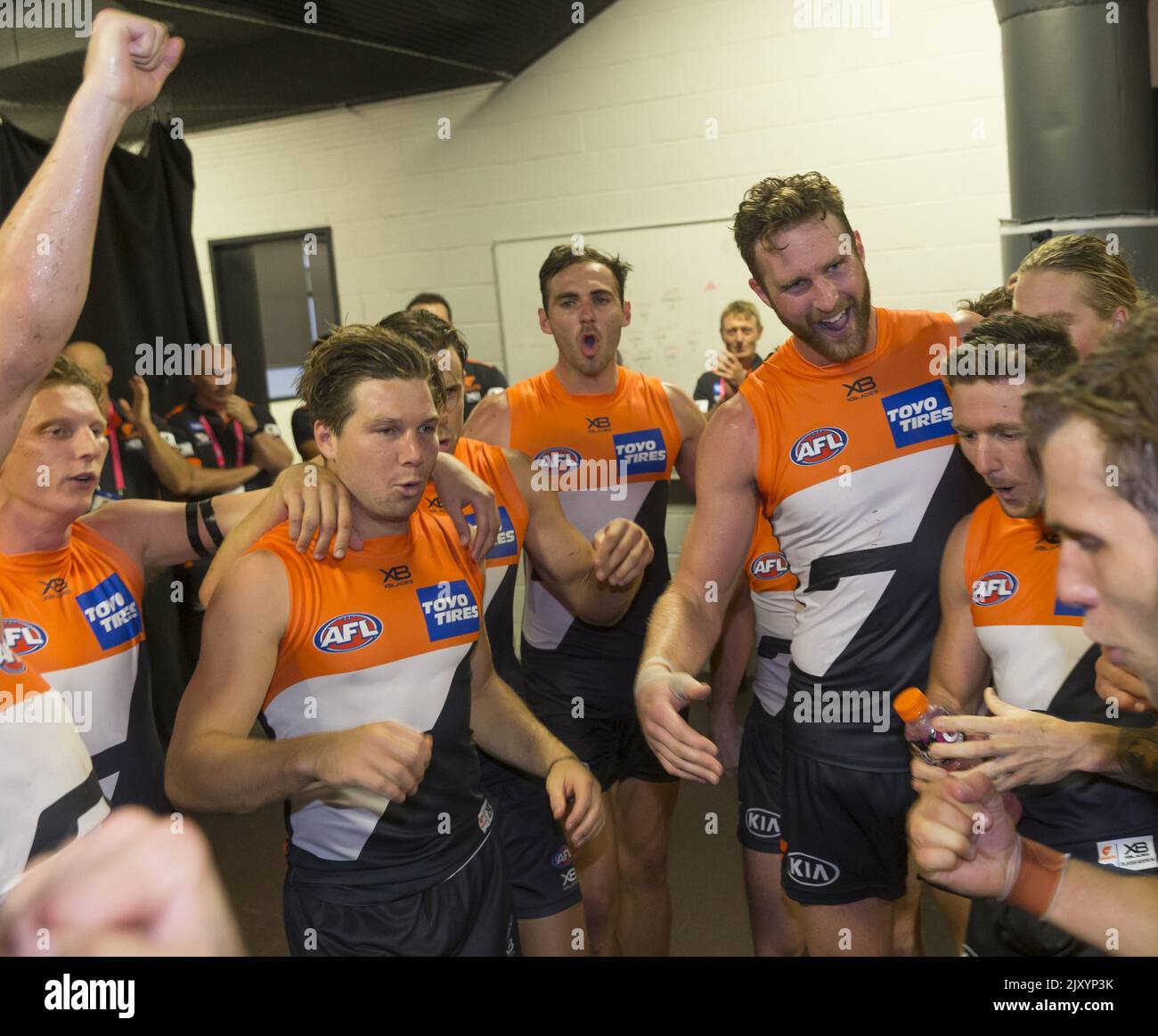 Gws Fc Greater Western Sydney Giants celebrate in the rooms after the Round 1 ...