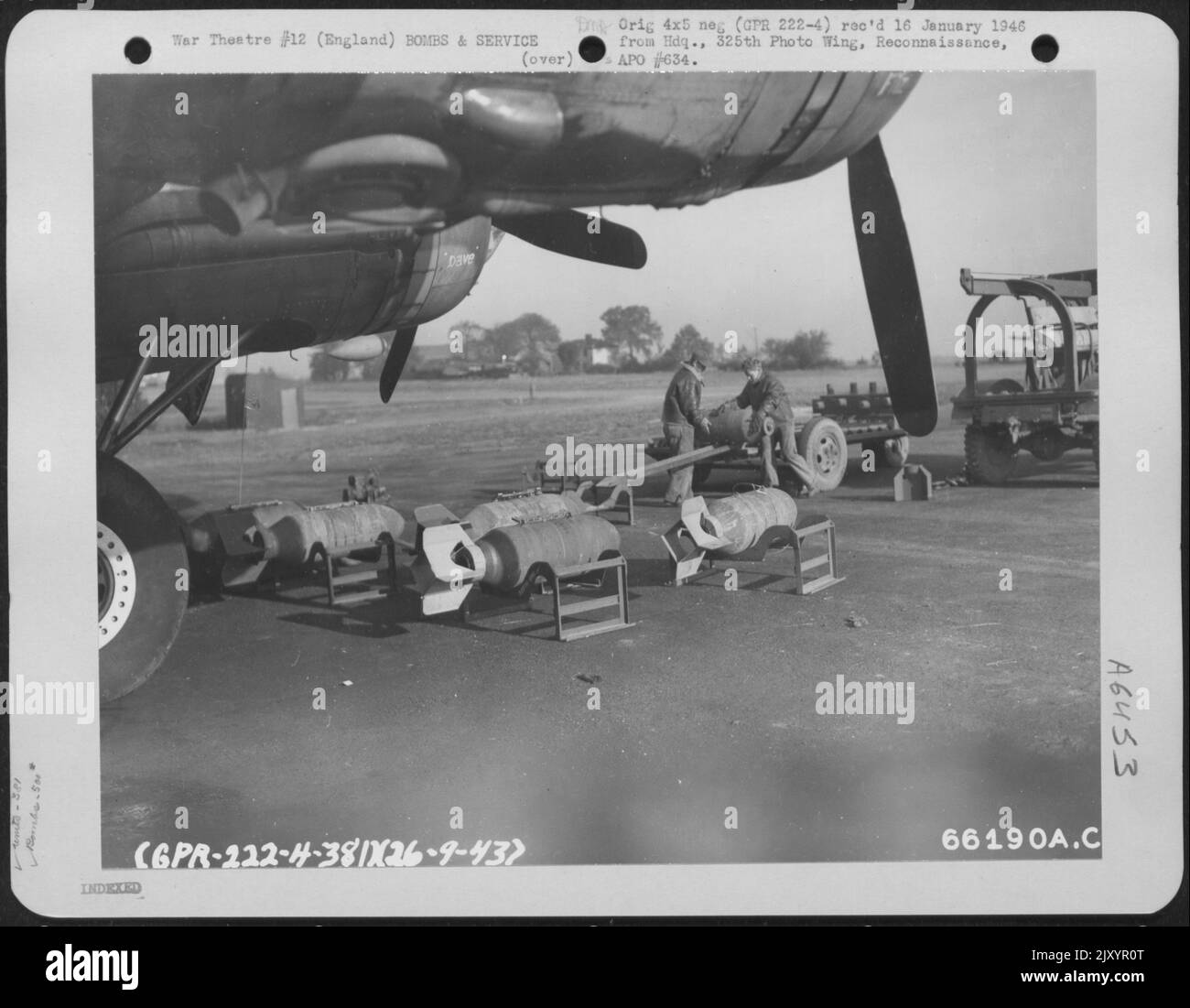 Five-Hundred Pound High Explosive Bombs In Racks Ready To Be Loaded On A Boeing B-17 'Flying Fortress' Of The 381St Bomb Group In England. 26 September 1943. Stock Photo