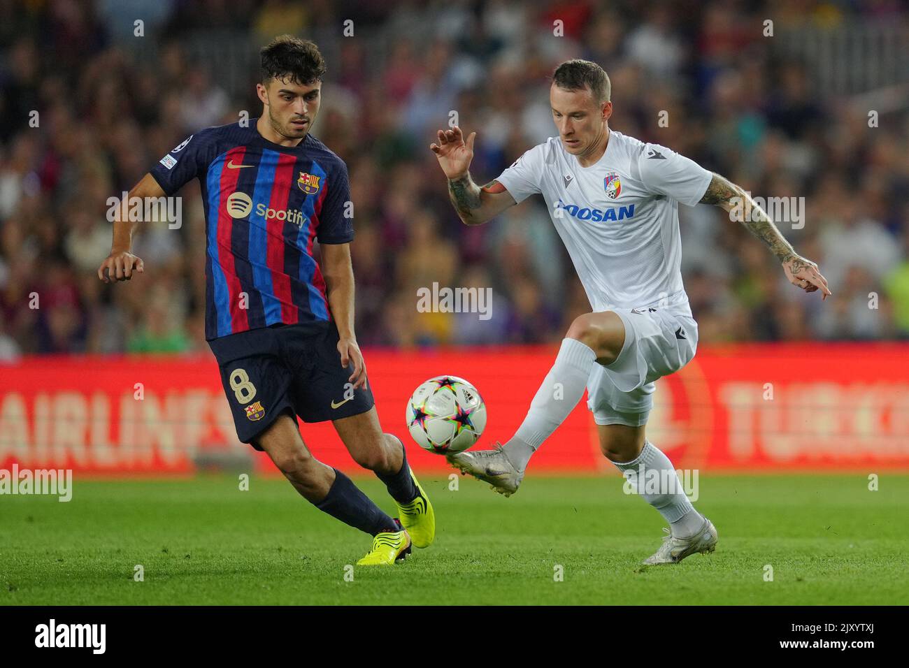 Barcelona, Spain. 07th Sep, 2022. Pedro Gonzalez Pedri of FC Barcelona and Jan Sykora of Viktoria Plzen during the UEFA Champions League match between FC Barcelona and Viktoria Plzen, Group C, played at Spotify Camp Nou Stadum on Sep 7, 2022 in Barcelona, Spain. (Photo by Colas Buera/PRESSIN) Credit: PRESSINPHOTO SPORTS AGENCY/Alamy Live News Stock Photo