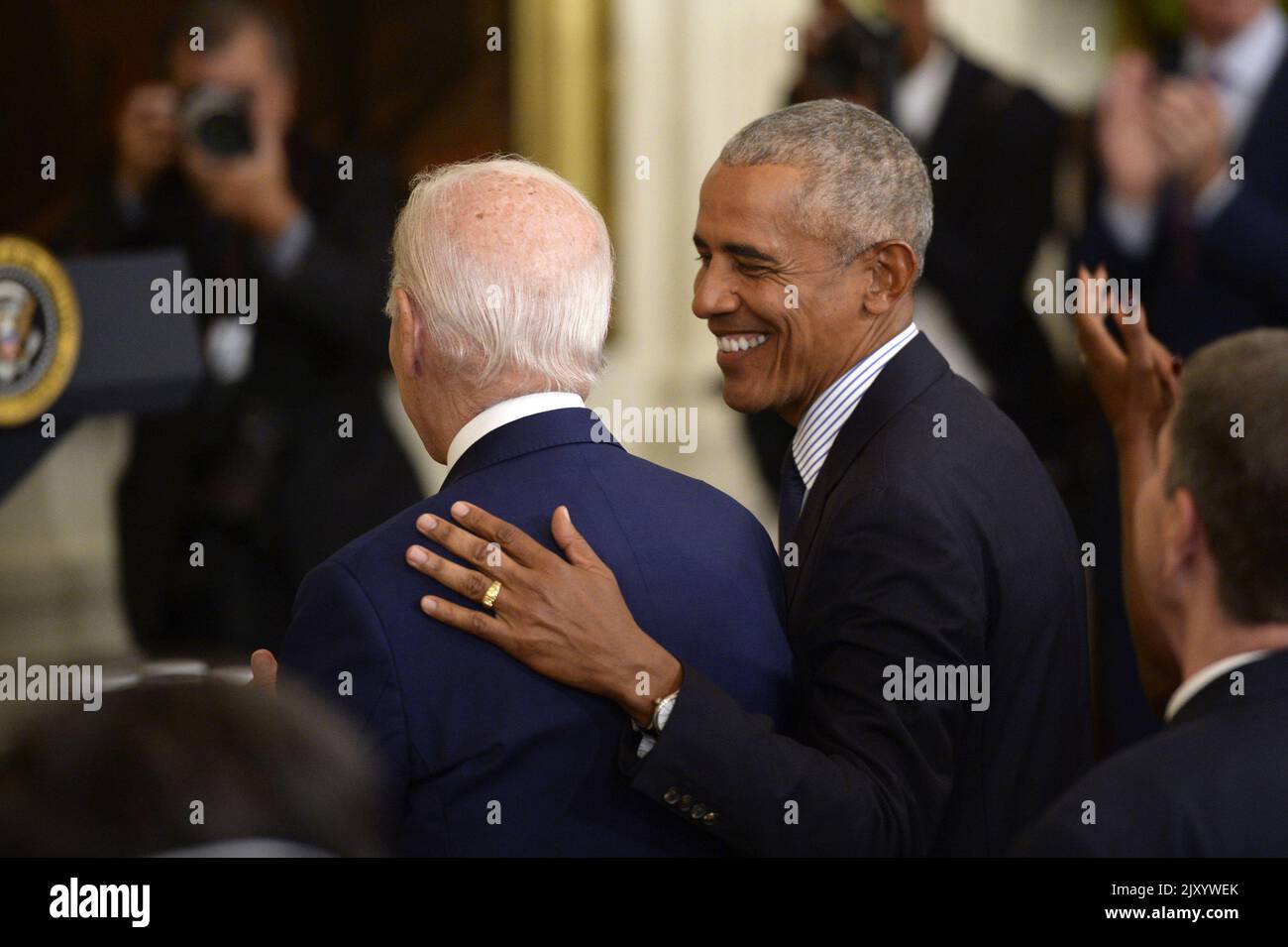Washington, United States. 07th Sep, 2022. Former President Barack Obama (R) and President Joe Biden smile during a ceremony after the Obama's unveiled their official portraits in the East Room of the White House in Washington, DC on Wednesday, September 7, 2022. Photo by Bonnie Cash/UPI Credit: UPI/Alamy Live News Stock Photo
