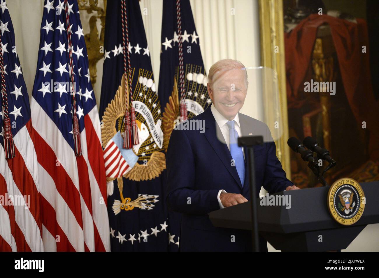 Washington, United States. 07th Sep, 2022. President Joe Biden smiles during a portrait unveiling ceremony for Former President Barack Obama and former First Lady Michelle Obama in the East Room of the White House in Washington, DC on Wednesday, September 7, 2022. Photo by Bonnie Cash/UPI Credit: UPI/Alamy Live News Stock Photo