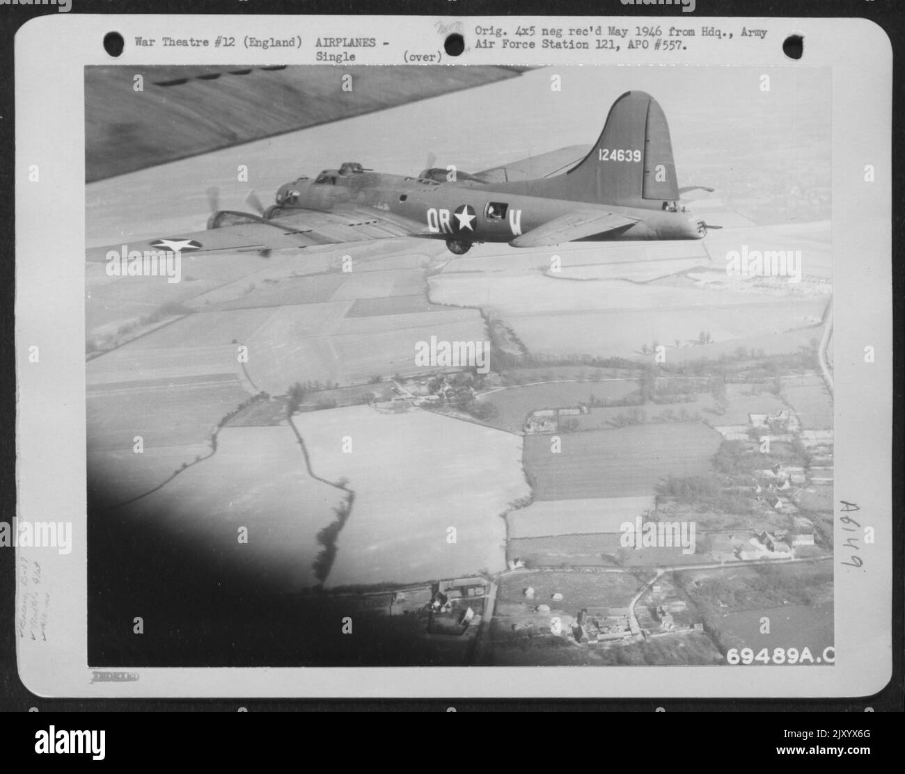 A Boeing B-17 'Flying Fortress' (A/C No. 124639), Of The 91St Bomb Group Drones Over The English Countryside On A Practice Mission. 14 June 1943. Stock Photo