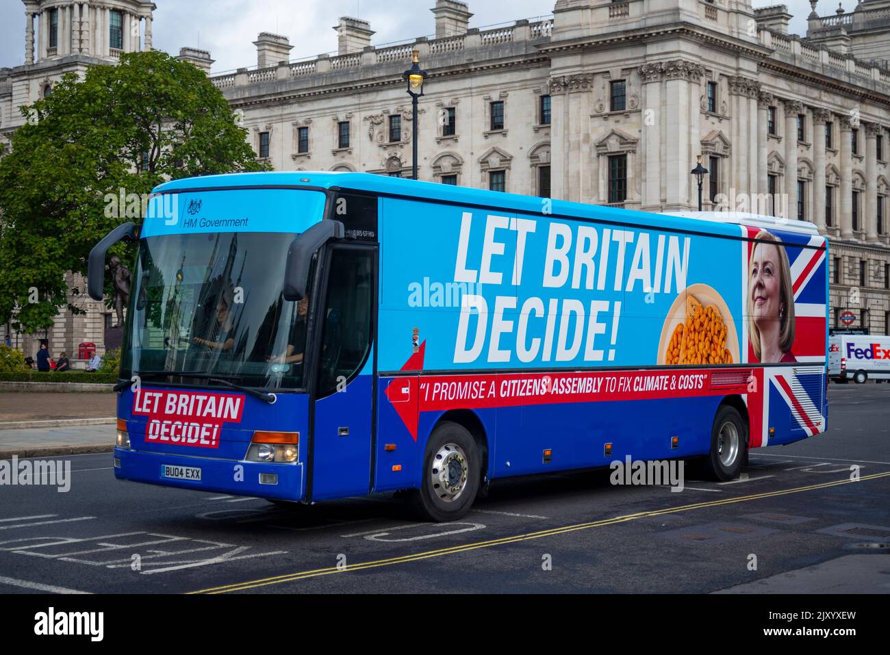 A hoax bus from Extinction Rebellion with the appearance of a Liz Truss campaign bus. Citizen's assembly to fix climate & costs. Let Britain Decide Stock Photo