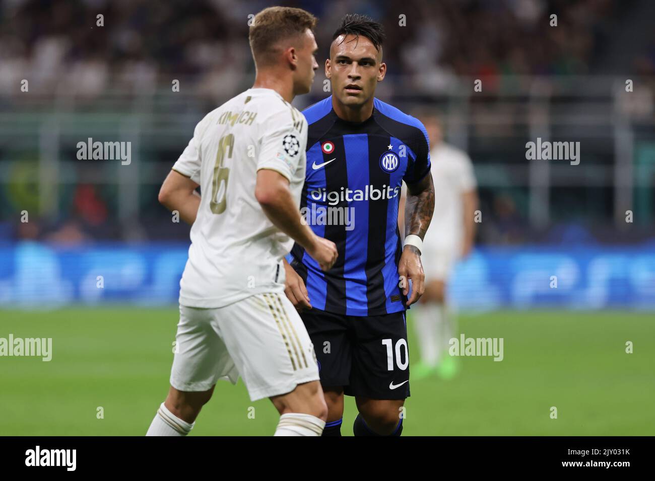 September 7, 2022, Milan, Italy: Lautaro Martinez of FC Internazionale with Joshua Kimmich of FC Bayern Munchen during the UEFA Champions League 2022/23 Group Stage - Group C football match between FC Internazionale and FC Bayern Munchen at Giuseppe Meazza Stadium, Milan, Italy on September 07, 2022. (Credit Image: © Fabrizio Carabelli/LPS via ZUMA Press Wire) Stock Photo