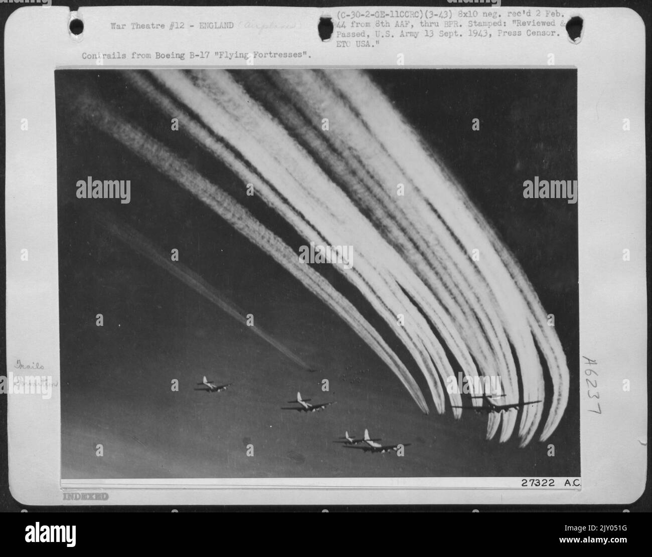 Contrails from Boeing B-17 "Flying ofrtresses". Stock Photo