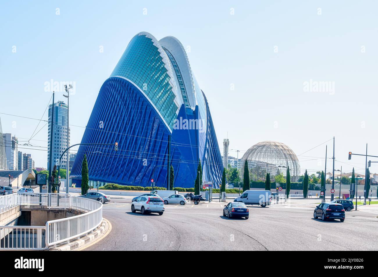 The City of Arts and Sciences. High angle view of the L'Agora or CaixaForum building exterior. The famous place was designed by Santiago Calatrava. Stock Photo