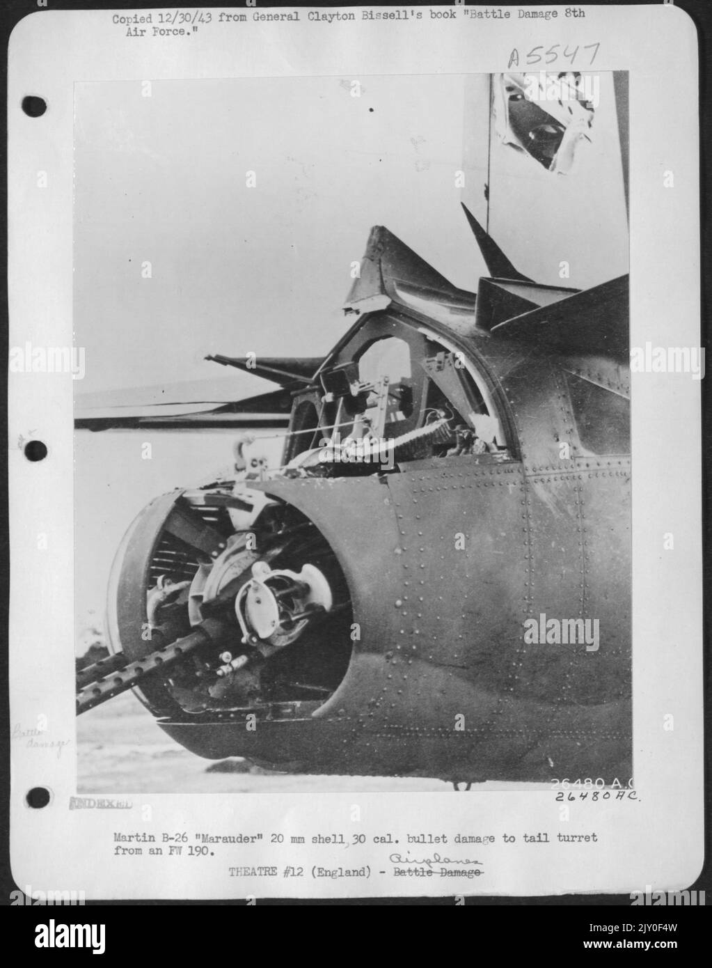 Martin B-26 'Marauder' 20 mm shell 30 cal. Bullet damage to tail turret from an FW 190. Stock Photo