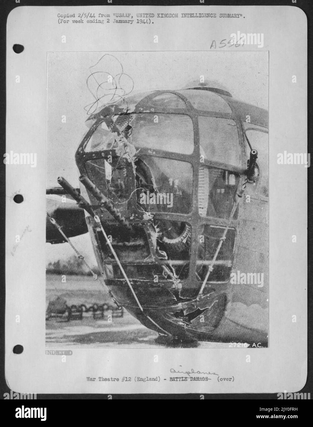 This photo shows about 100-feet of German cable entwined in the nose of a USAAF Consolidated B-24 after the mission to Emden, Germany, 11 Dec. 1943. German fighters appear to be experimenting with lengths of such cable, from which bombs Stock Photo