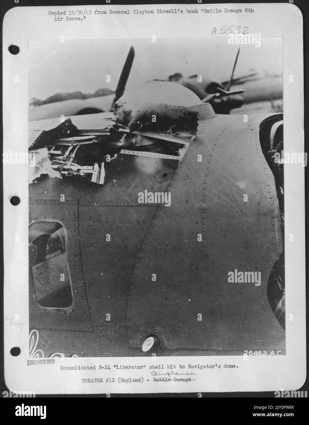 Consolidated B-24 'Liberator' shell hit to Navigator's dome. Stock Photo