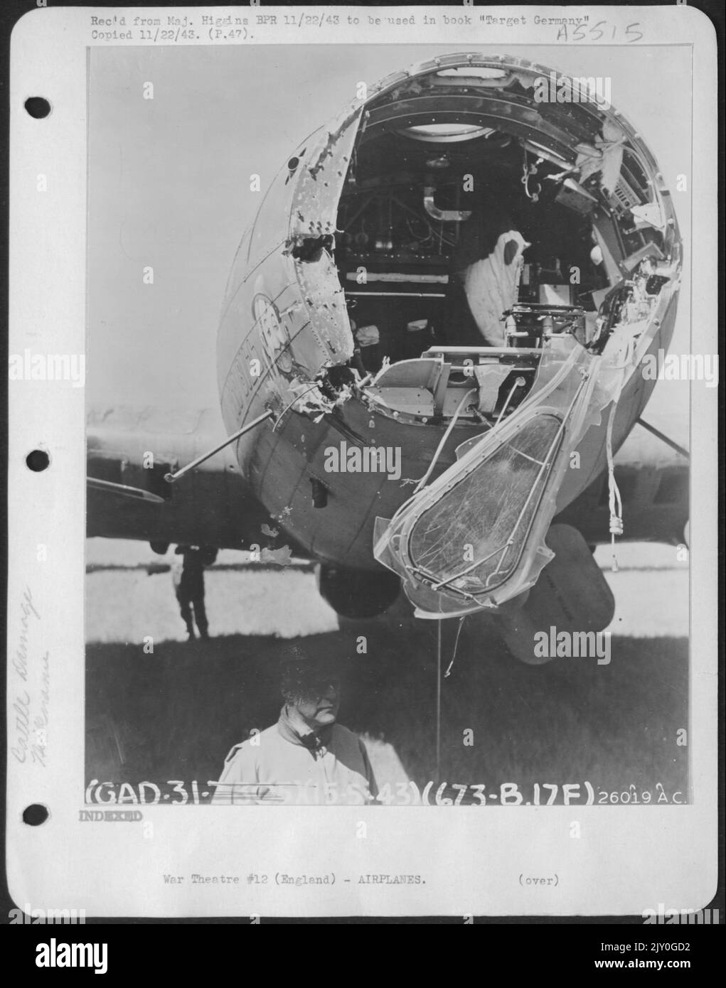 Nose damage to Boeing B-17 Flying ofrtress named 'Old Bill'. Damage caused by 20 MM shell (5/15/43.) Stock Photo