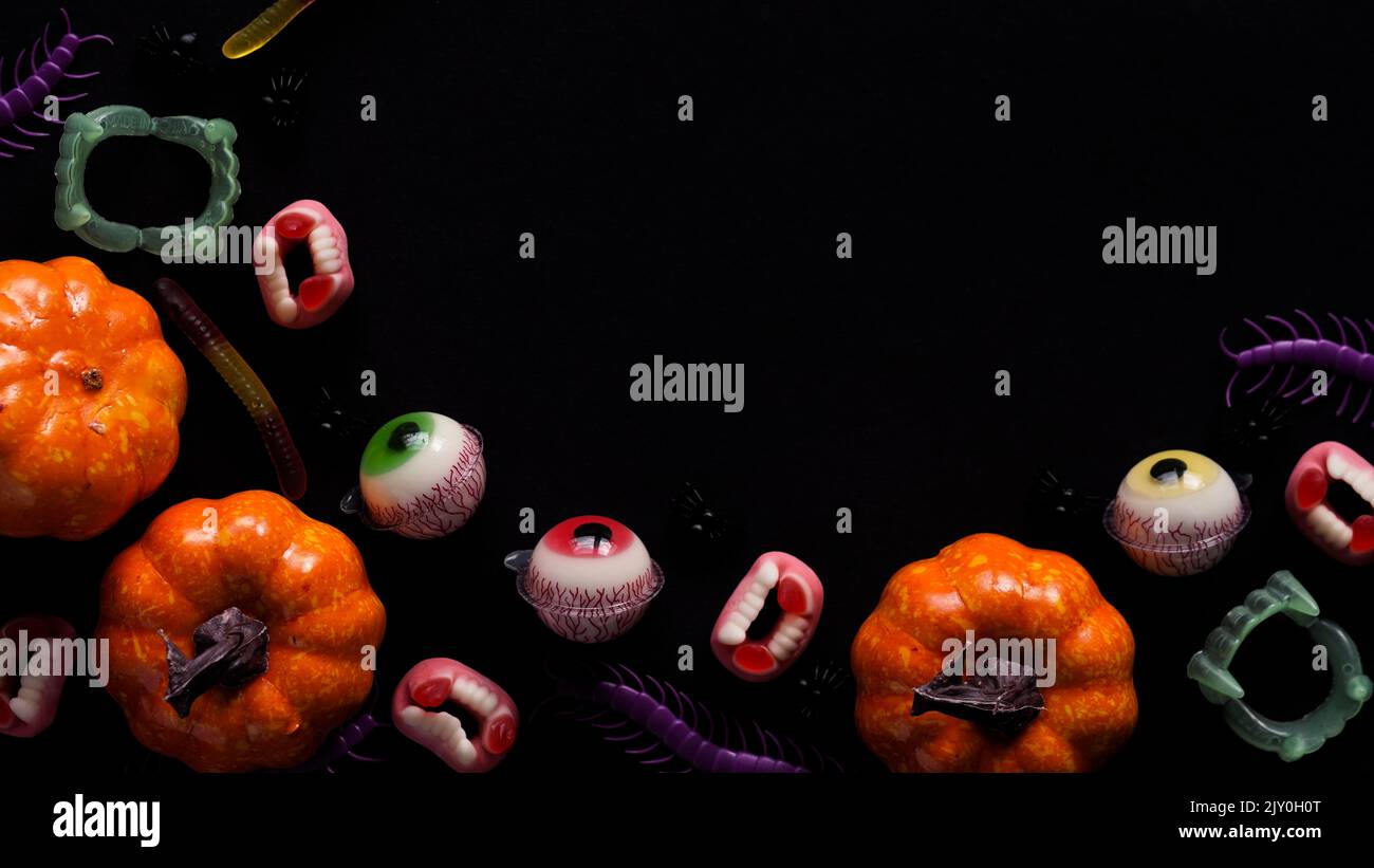 Pumpkins,cauldrons,pots,worms,jaws,spiders and candy in the form of