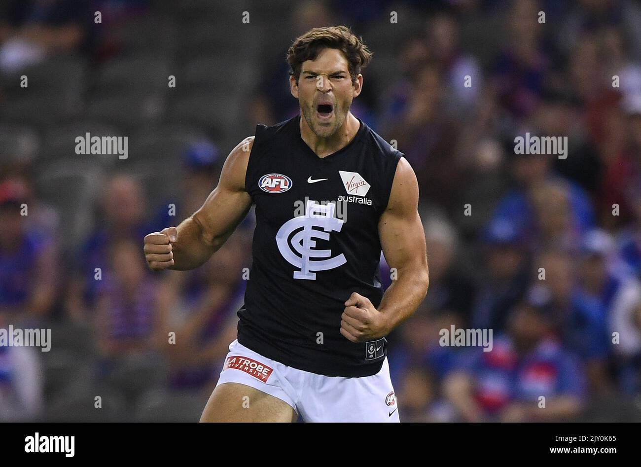 Levi Casboult of the Blues reacts after missing goal in the last quarter  during the Round 12 AFL match between the Carlton Blues and the GWS Giants  at Etihad Stadium in Melbourne, Sunday, June 11, 2017. (AAP Image/Julian  Smith Stock Photo - Alamy