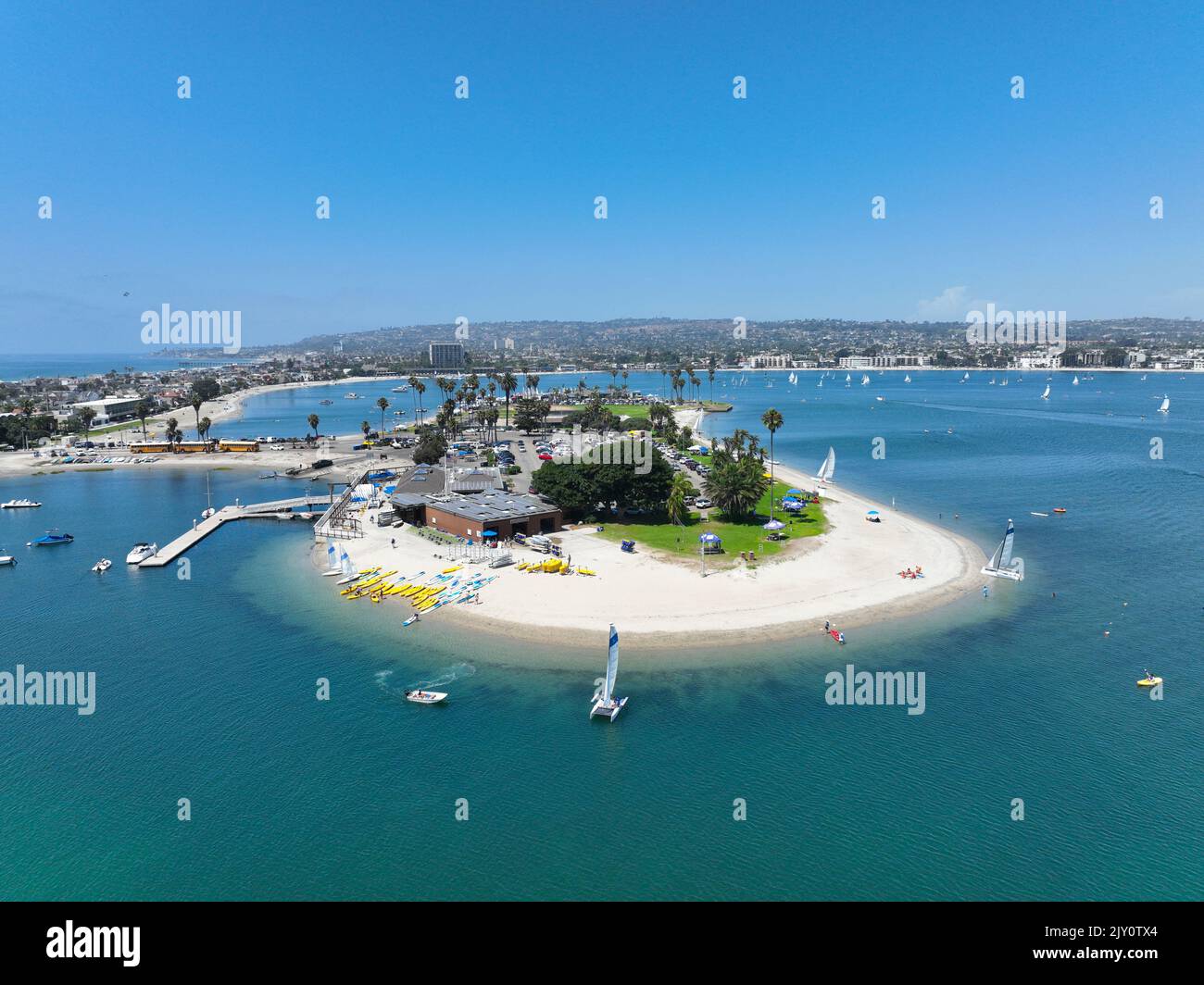Aerial view of boats and kayaks in Mission Bay water sports zone in San