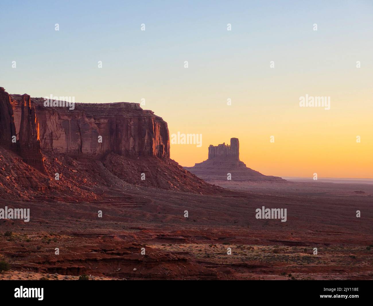 Beautiful sunrise at the Sentinel Mesa in Monument Valley Stock Photo
