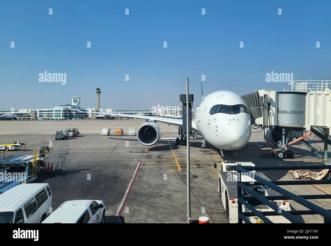 DENVER, CO - SEPTEMBER 6: Lufthansa Airlines Airbus docked at a Gate on Septmeber 6, 2022 in Denver, CO Stock Photo