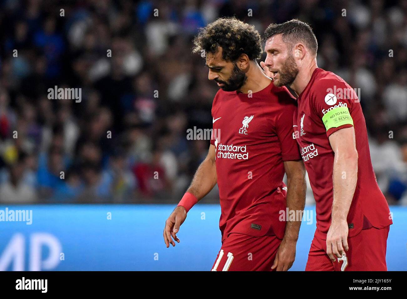 Napoli, Italy. 07th Sep, 2022. Mohamed Salah and James Milner of Liverpool FC during the Champions League Group A football match between SSC Napoli and Liverpool FC at Diego Armando Maradona stadium in Napoli (Italy), September 7th, 2022. Photo Andrea Staccioli/Insidefoto Credit: Insidefoto di andrea staccioli/Alamy Live News Stock Photo