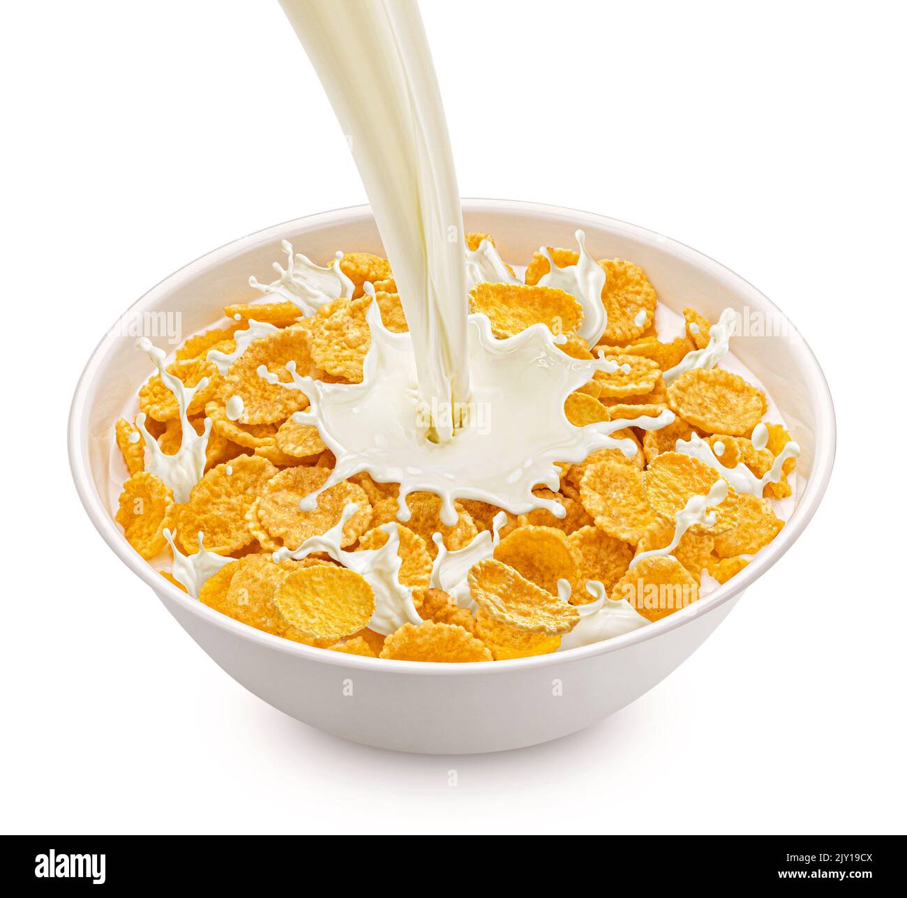 Corn flakes with milk splashes isolated on white background Stock Photo