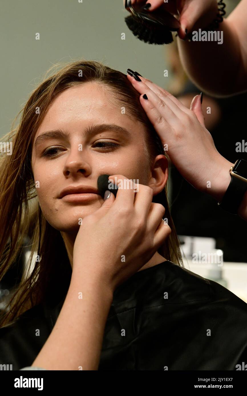 A model has her hair and makeup done backstage at Tigerlily, during the  Mercedes-Benz Fashion Week Australia in Sydney, Monday, May 13, 2019. (AAP  Image/Bianca De Marchi Stock Photo - Alamy